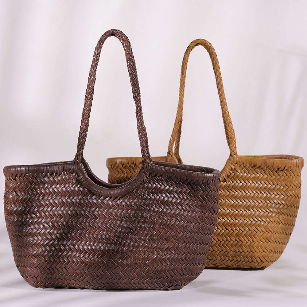 Woven Bag Leather Top Layer Vegetable Tanned Pure Handwoven Basket Handbag Genuine Leather Large Capacity Tote Bag Soft Woven Tote