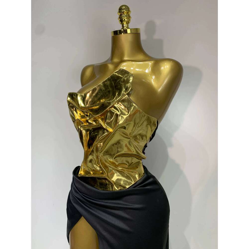 2025 New Arrival Women Gold Color Sexy Laced-Up Tops 2 Pieces Set Long Celebrate Evening Party Celebrity Elegant Dress