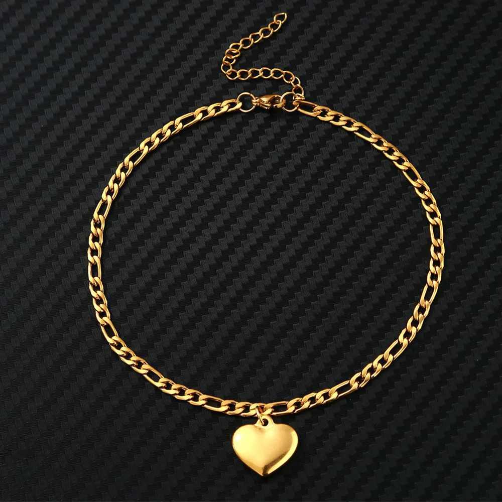 Beach Heart Charm Anklet For Women Gold Silver Color Stainless Steel Figaro Chain Ankle Bracelet On the Leg Foot Jewelry W250604