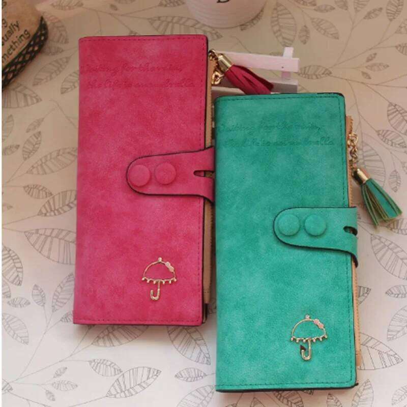 Women's long purse European and American vintage frosted Umbrella Hardware buckle fringe multi-card folding mobile wallet Large