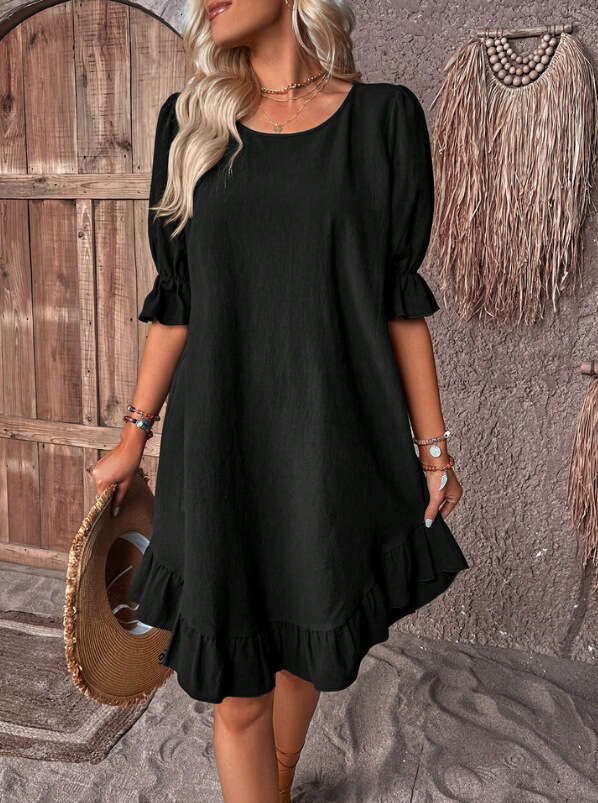 Spring Summer Women's Cotton Linen Mid-Sleeve Round Neck Solid Color Loose Fit Dress B5