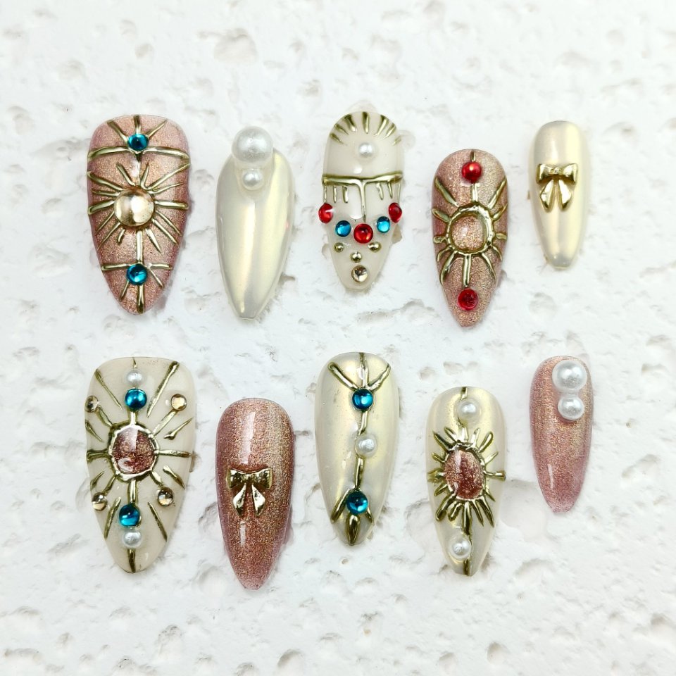 10pcs 3D Hand drawn Handmade Press-on nails Medium Almond Nails Bundle Star Moon Style 3D Sun Bow Diamond Finished nail stickers Free storage box jell