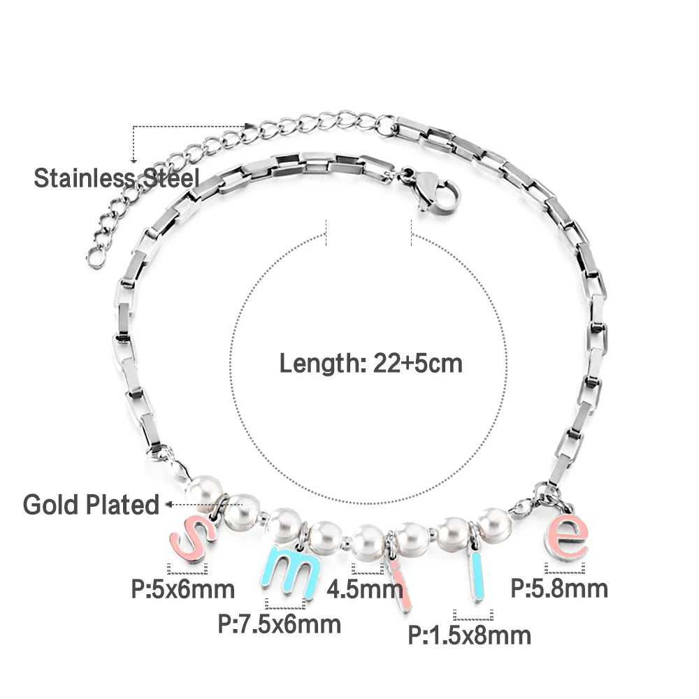 LUXUSTEEL Boho Smile Letter White Pearl Anklet for Women Stainless Steel Cable Chain Summer Beach Bracelet on the Leg Gifts W250604