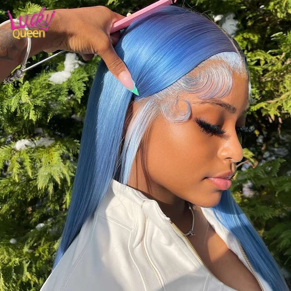 13X4 13x6 Haze Straight 613 Colorful Wigs 180 Density Transparent Lace Frontal Human Hair For Women Pre Plucked Light Blue