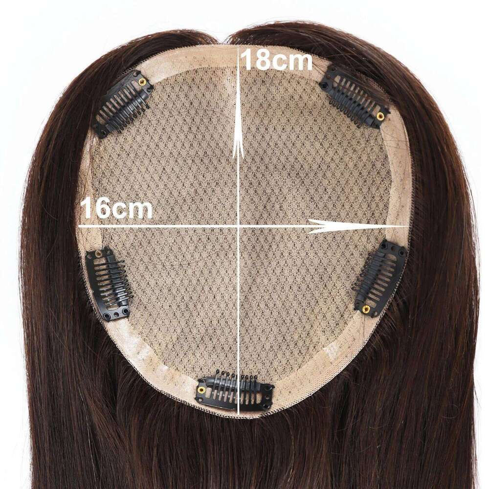 16x18cm Full Hand Made Silk Base with Clips in Virgin European Real Human Topper for Women Dark Brown Hair Toupee