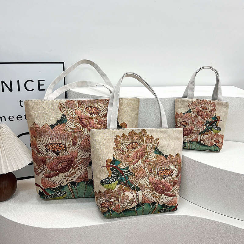 New Canvas Shoulder Handbag Double-Sided Gold Thread Jacquard Embroidery Ethnic Style Handheld Commuter Bag