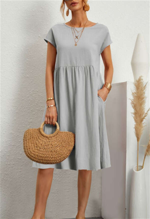 Fashion Summer OL Style Women's Cotton Linen Round Neck A-Line Plus Size Loose Dress B5