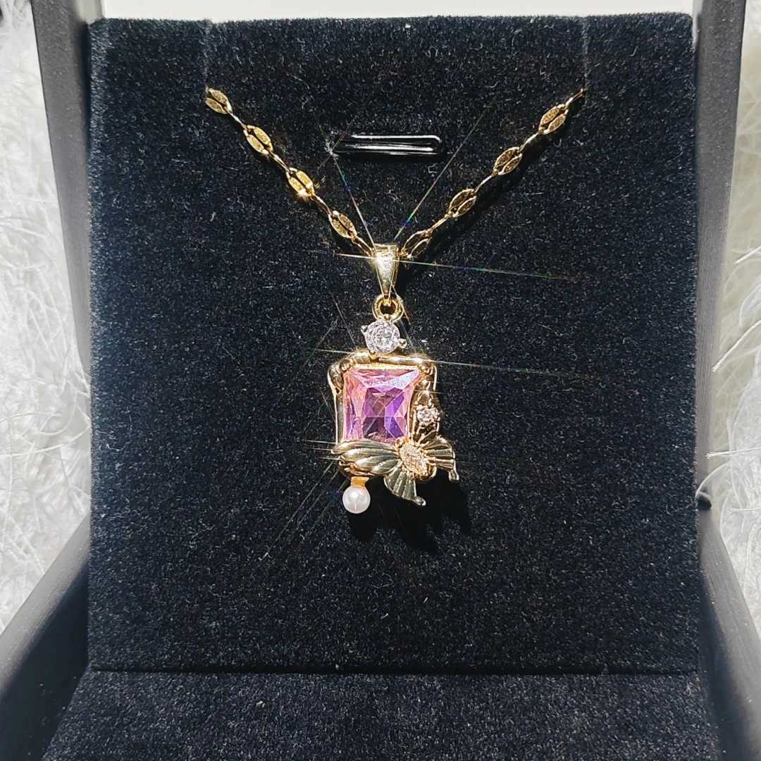 Luxurious Pink Butterfly Square Zircon Titanium Steel Necklace with Micro-Inlaid Pearl Pendant for Women XJ250604
