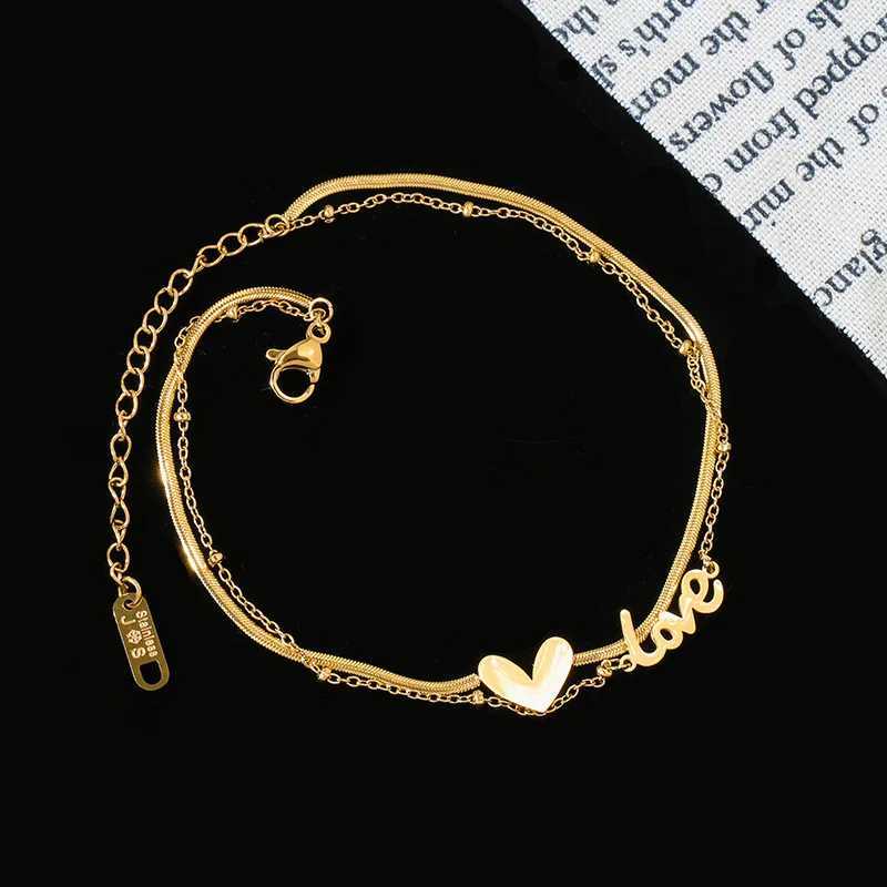 LOVE Heart Anklet Foot Bracelet for Women 2-layer Stainless Steel Gold Color Fashion Jewelry Gift (A005) W250604