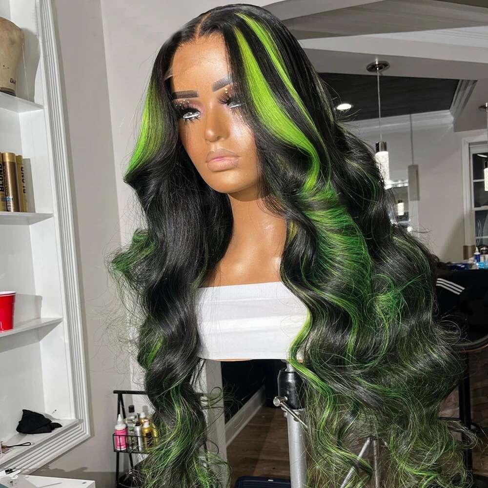Black and Highlight 13x4 Body Wave Frontal Wigs Ombre 13x6 Green Lace Front Wig Human Hair Pre Plucked