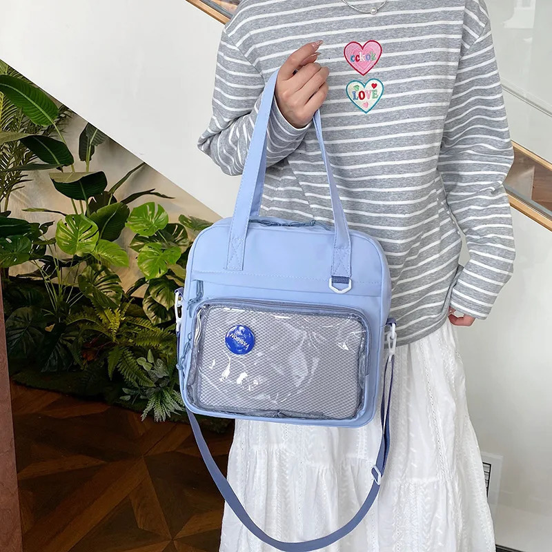 Japanese High School Girls Crossbody Bags Nylon Teenage Student Tote Book Bag Transparent Women Handbags JK Kawaii Shoulder Bag 250603