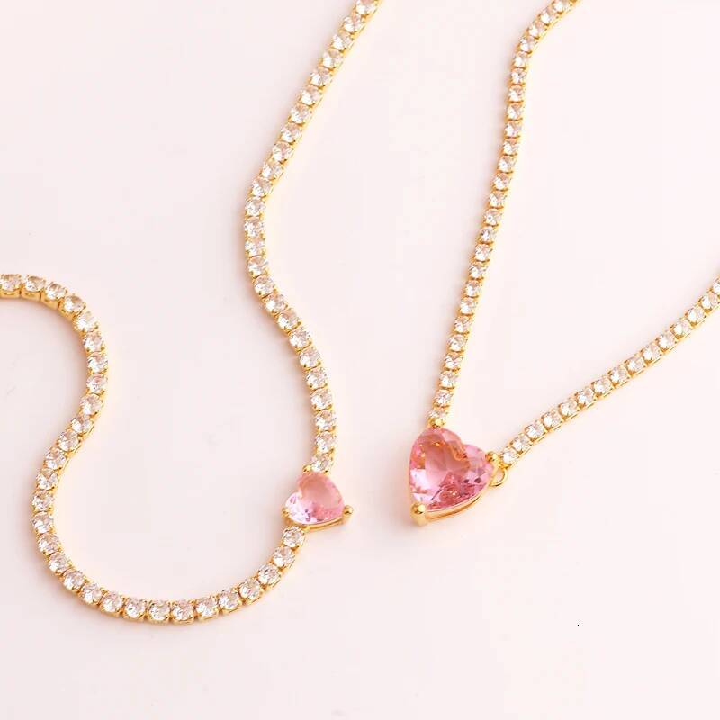 Pink Freen Heart Pendent Gold Plated CZ Tennis 3A Zircon Paved Crystal Chain Choker Necklace For Women Jewelry Gift
