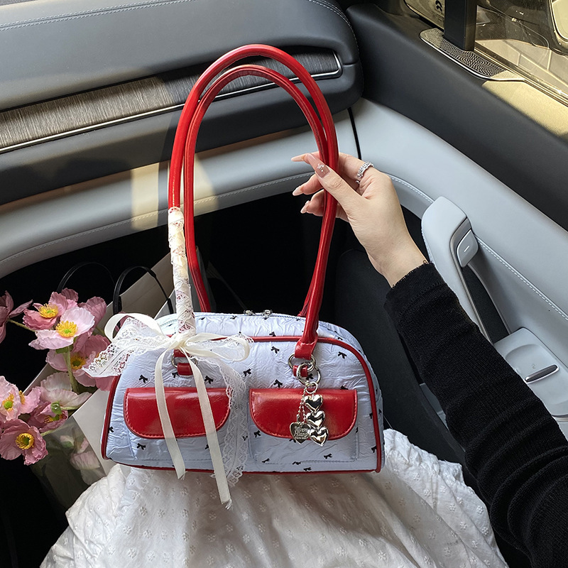 designer Minimalist Sweet Ribbon Bowknot Underarm Bag for Women 2025 Summer Versatile Color-Block Boston Commuter Shoulder Bag