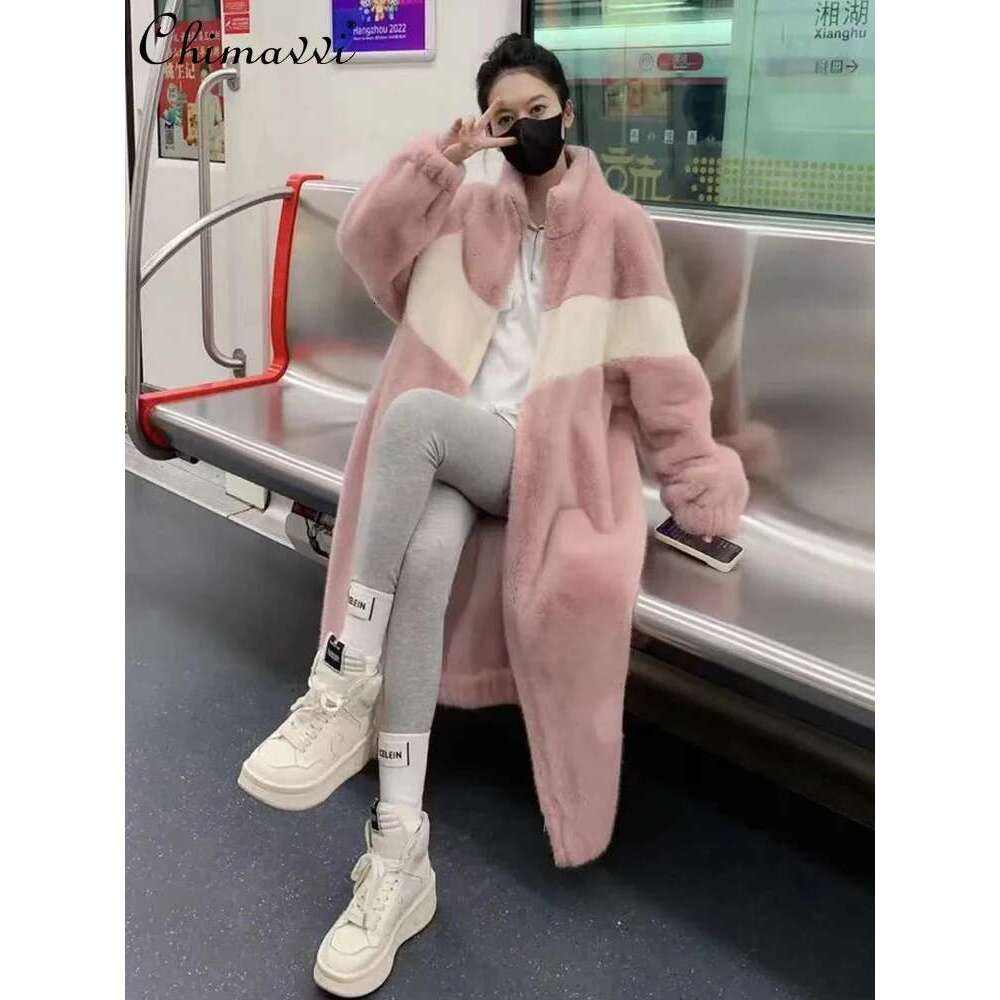 Autumn and Winter Thickening Long Stand-up Collar Mink Integrated ing Rex Fur Coat Women's Sweet Girlish Furry Jackets