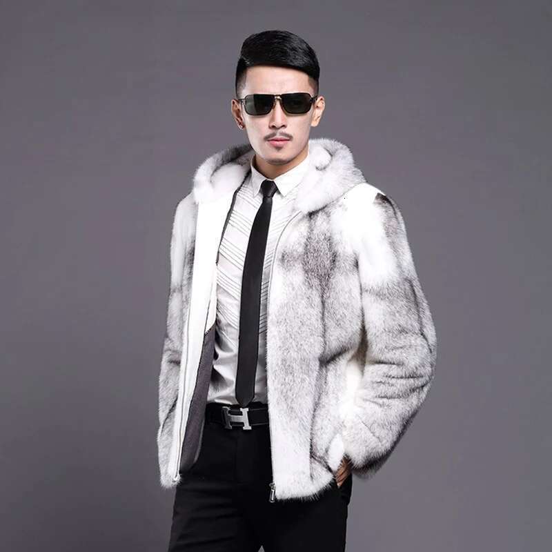 Men's fur mink coat hooded slim-fit zipper short casual jacket plus size