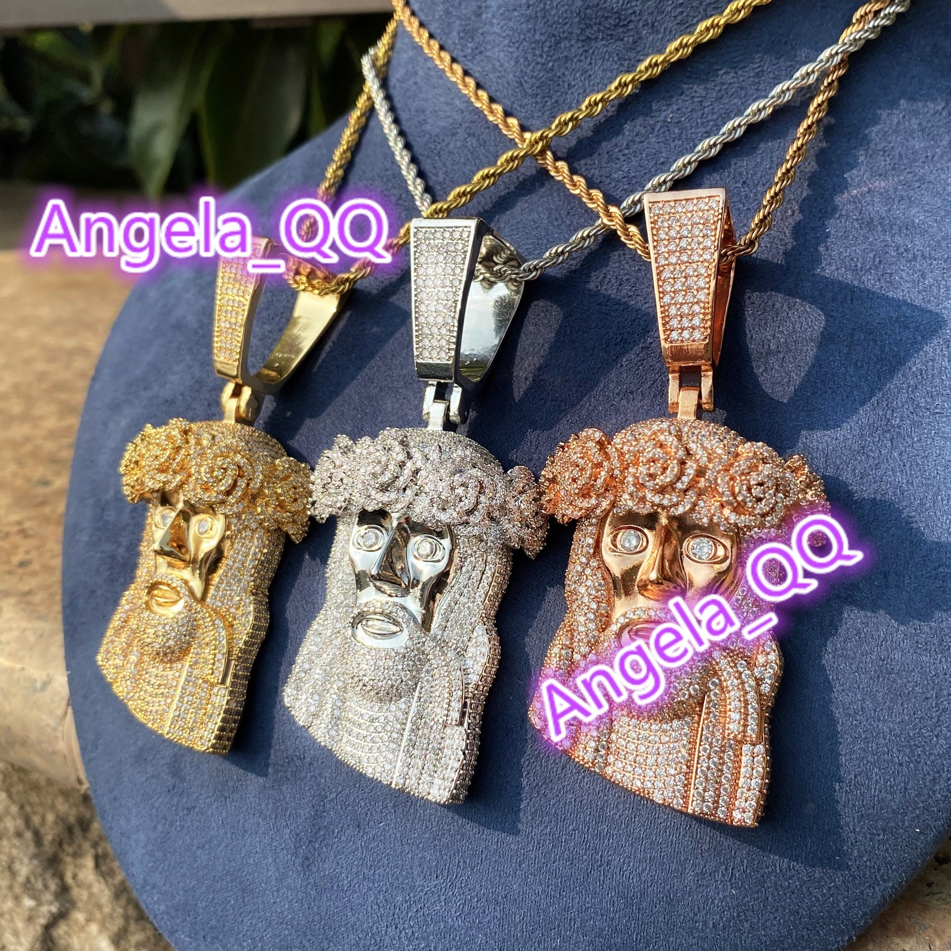 Rose Gold Tone Huge Spooky Big Jesus Head Rose Crown Charm Jumbo Pendant Green Necklace