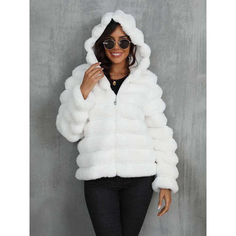 ZADORIN Autumn Winter Casual Hood Fluffy Pink White Coat Women Ripple Zipper Ladies Jackets Fur Faux Coats for Woman