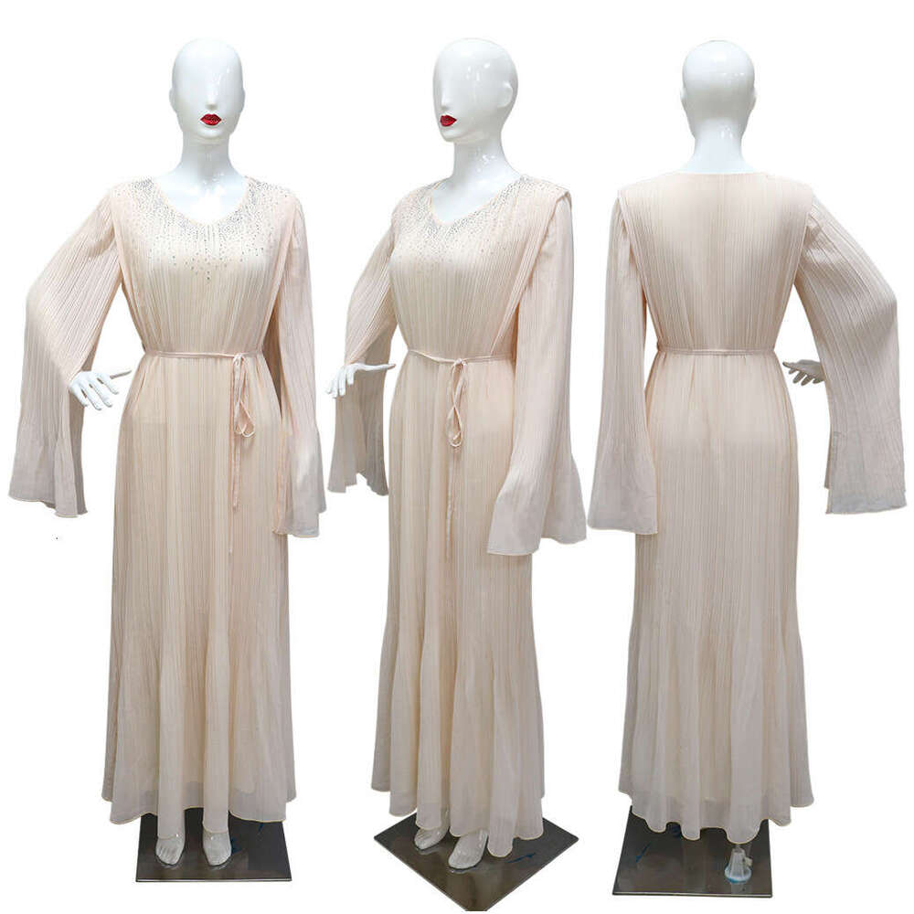 Because0393 Slimming Pleated Women's Dubai Arabic Robe With Rhinestones Evening Dress B5