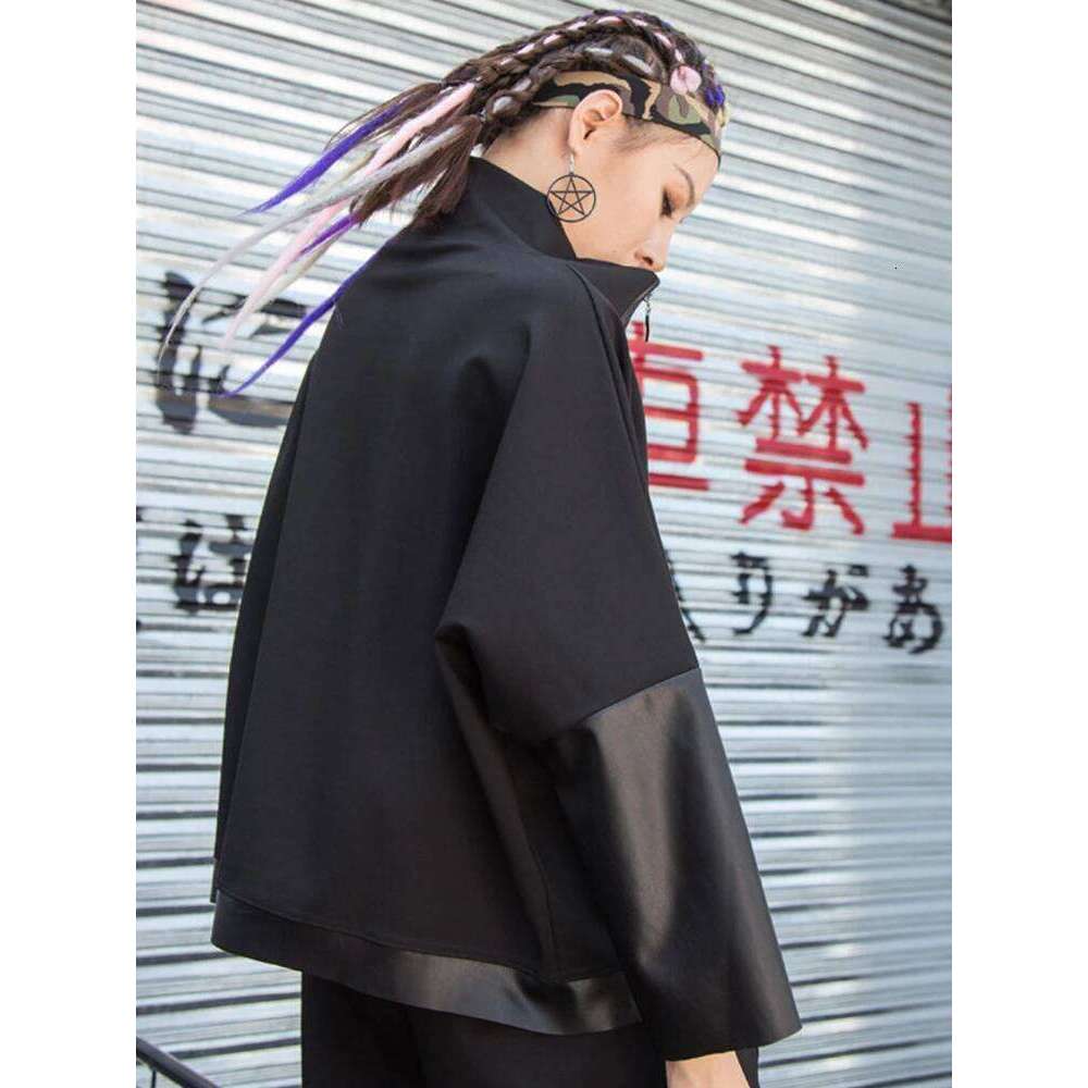 AmaxluluE Autumn 2025 Fashion Korean Ladies Punk Streetwear Womens Black Leather Patchwork Jacket Zipper Vintage Turtleneck Coat