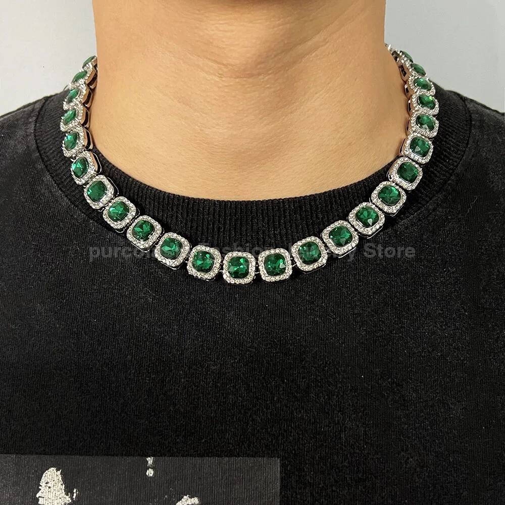 NEW Green Necklace for Men Women 12mm Tennis Chain Cuban Link Hip Hop Square Bling AAA Rhinestones Glass Jewelry