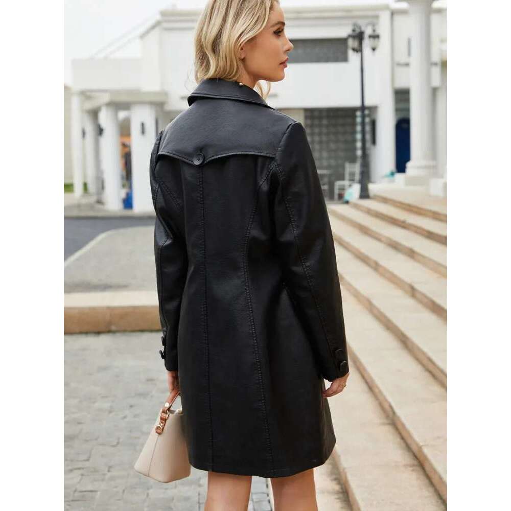 New In Autumn Winter Fashion Black Long Leather Jacket Women 2024 Elegant England Style Trench Coat Single Breasted Outerwears