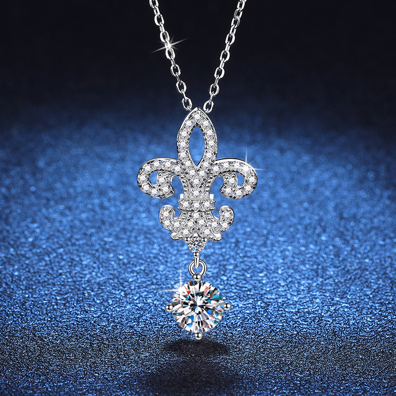 S925 Sterling Silver Moissanite Necklace with 1ct D-Color Moissanite, Crown and Iris Flower Design, Elegant and Timeless Pendant for Women