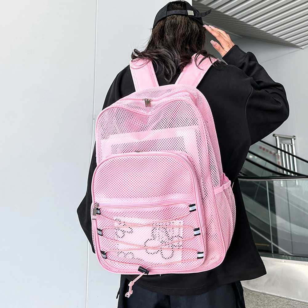 Unisex Gym Bag Multifunctional High Capacity Backpack Wear-resistant Semi-Transparent Bookbag Solid Color Mesh Sport Fitness Bag W250603