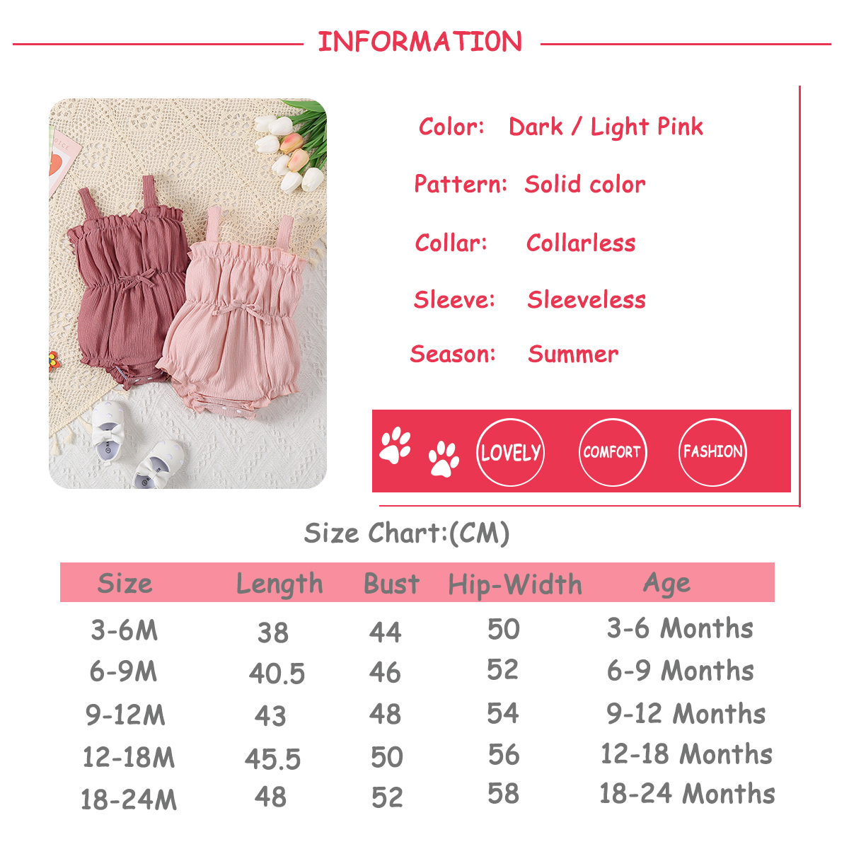 Two Pieces Girls' Fashion Pure Pink Color Baby Onesie Set with Soft Fabric & Stringy Selvedge Triangle Romper for Summer Outdoors