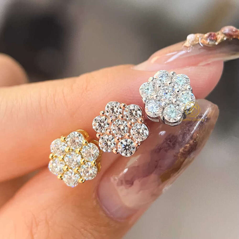 DHcollections 8MM Flower Cluster VVS Moissanite Stud Earrings Sterling Sier Gold Plating Dia Earring for Parties and Gifts