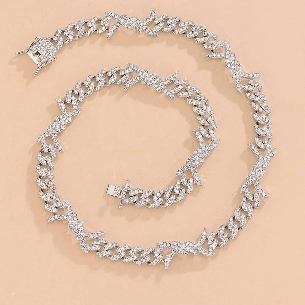 Hip Hop golden Micro Paved Zirconia Iced Out Bling Choker Necklace Men Women Barbed Wire Knot Miami Cuban Link Chain Jewelry 14"