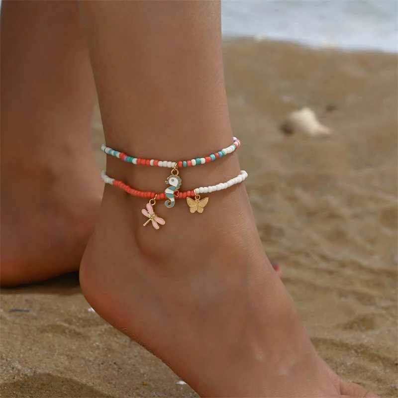 Multilayer Charm Red Cherry Anklets for Women Vintage Boho Shiny Zircon Starfish Shell Conch Foot Leg Ankle Chain Beach Jewelry W250604