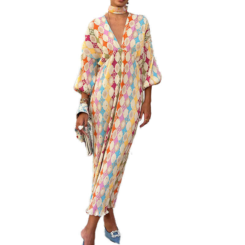 Women's Elegant Printed V-Neck Lantern Sleeve A-Line Dress B5