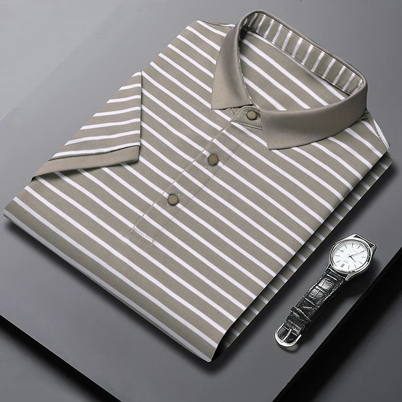 2024 Mens Striped Cotton Business Casual Short Sleeved POLO Shirt Fashion Comfortable and Breathable Top y250604Z