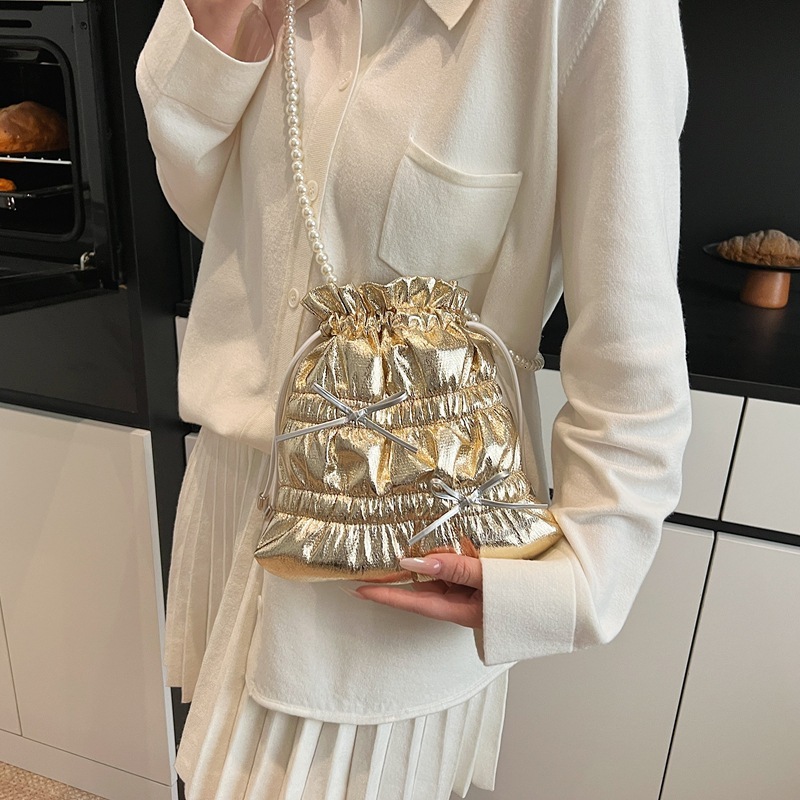 designer Trendy Fashion Bowknot Pleated Large Capacity Bucket Bag 2025 New Beaded Bright Color Travel Shoulder Crossbody Bag
