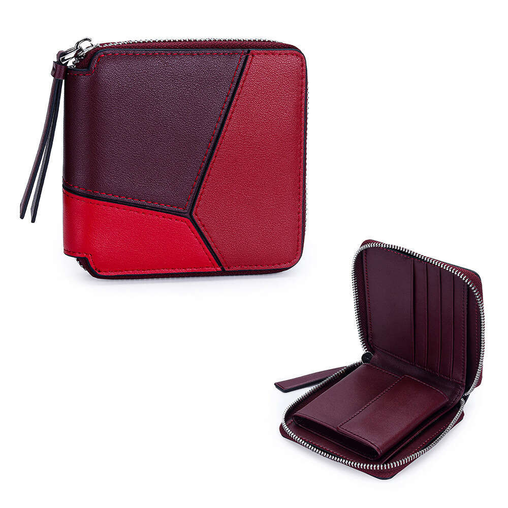 Genuine Leather Patchwork Color-Block Short New Large Capacity Multi-Card Slot Zipper Wallet Cowhide Coin Purse for Women