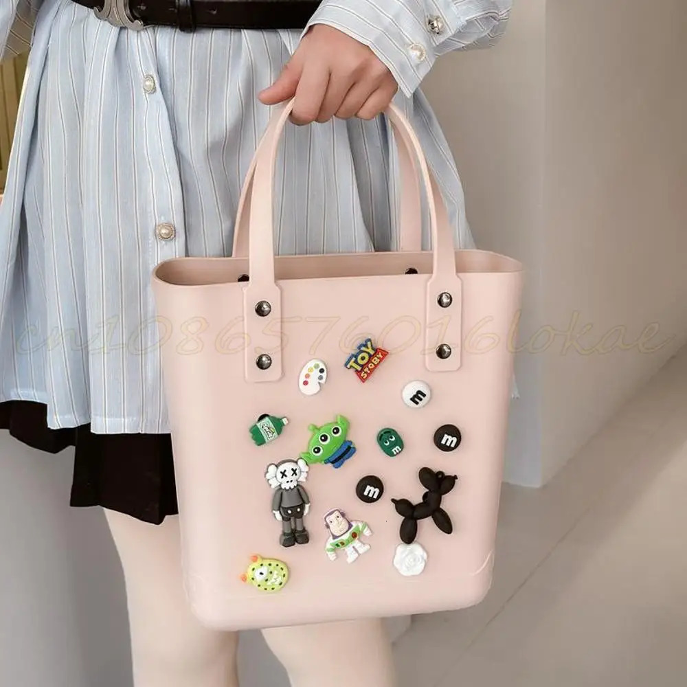 Womens Bag PVC Summer Waterproof Grocery Bags Large Capacity Cartoon Top Handle Bags Ladies DIY Hole Handbags Durable Beach Bag 250603