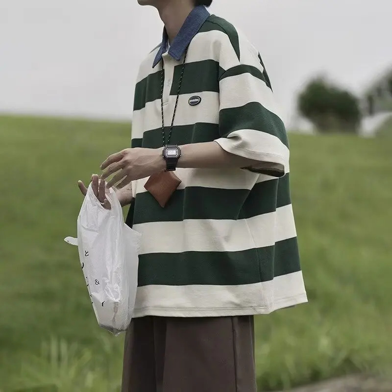 Japanese Retro Striped Color Blocked Short Sleeved Polo Shirt For Mens Y2k Summer Trend Loose And Versatile Fashion 250604Z