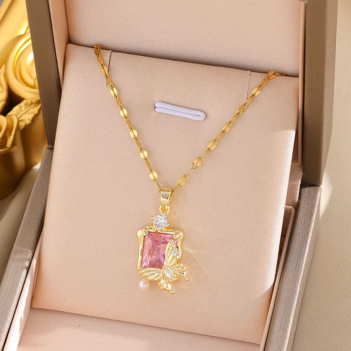 Luxurious Pink Butterfly Square Zircon Titanium Steel Necklace with Micro-Inlaid Pearl Pendant for Women XJ250604