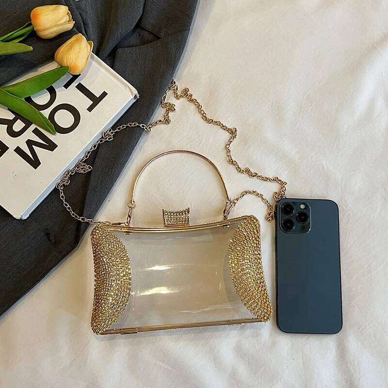 PVC Transparent Shoulder Crossbody Bag Rhinestone Thick Chain Ladies Small Purse And Handbags Fashion Jelly Summer Beach Totes