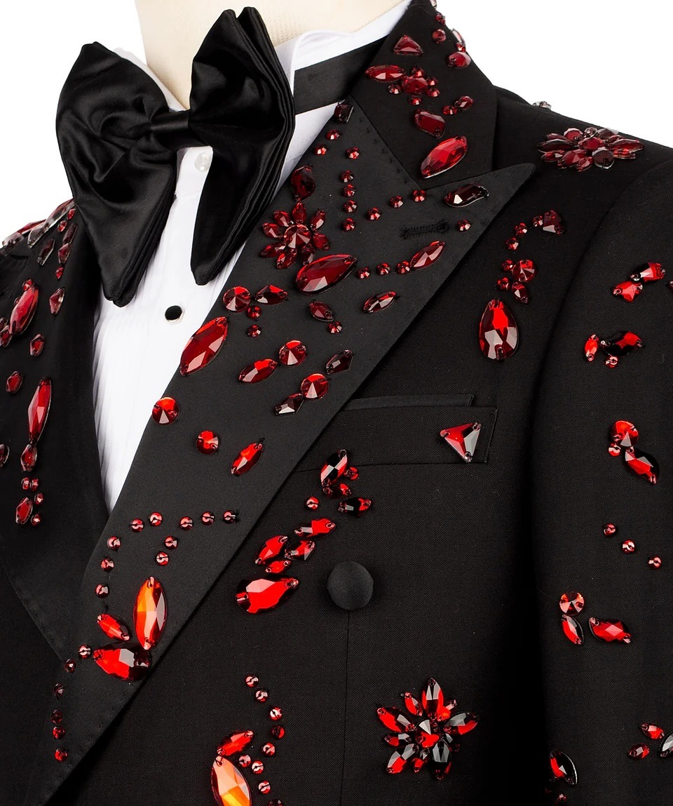 Luxury Man Suits Fit Slim Crystals Beaded Peaked Lapel 2 Pieces Set Party Prom Blazer Rhinestone Customized Evening Party Double Breasted Jacket Pants