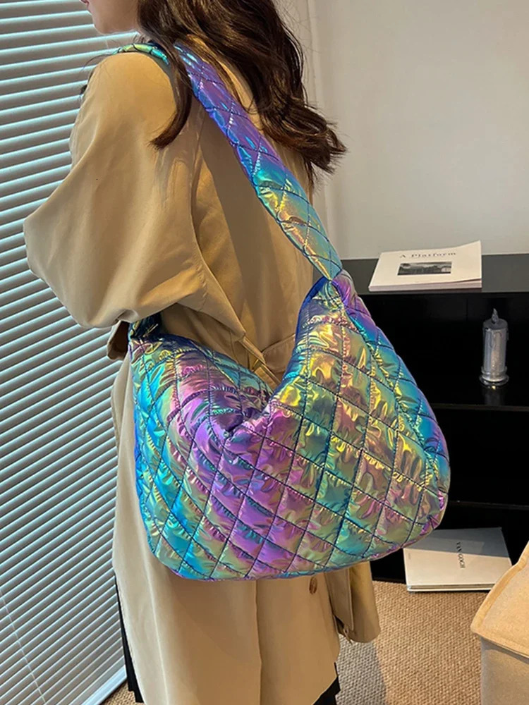 Cotton Padded Women Tote Bag Large-capacity Ladies Tote Handbags Laser Multicolor Rhombus Pattern for Travel Work for Daily Life 250603