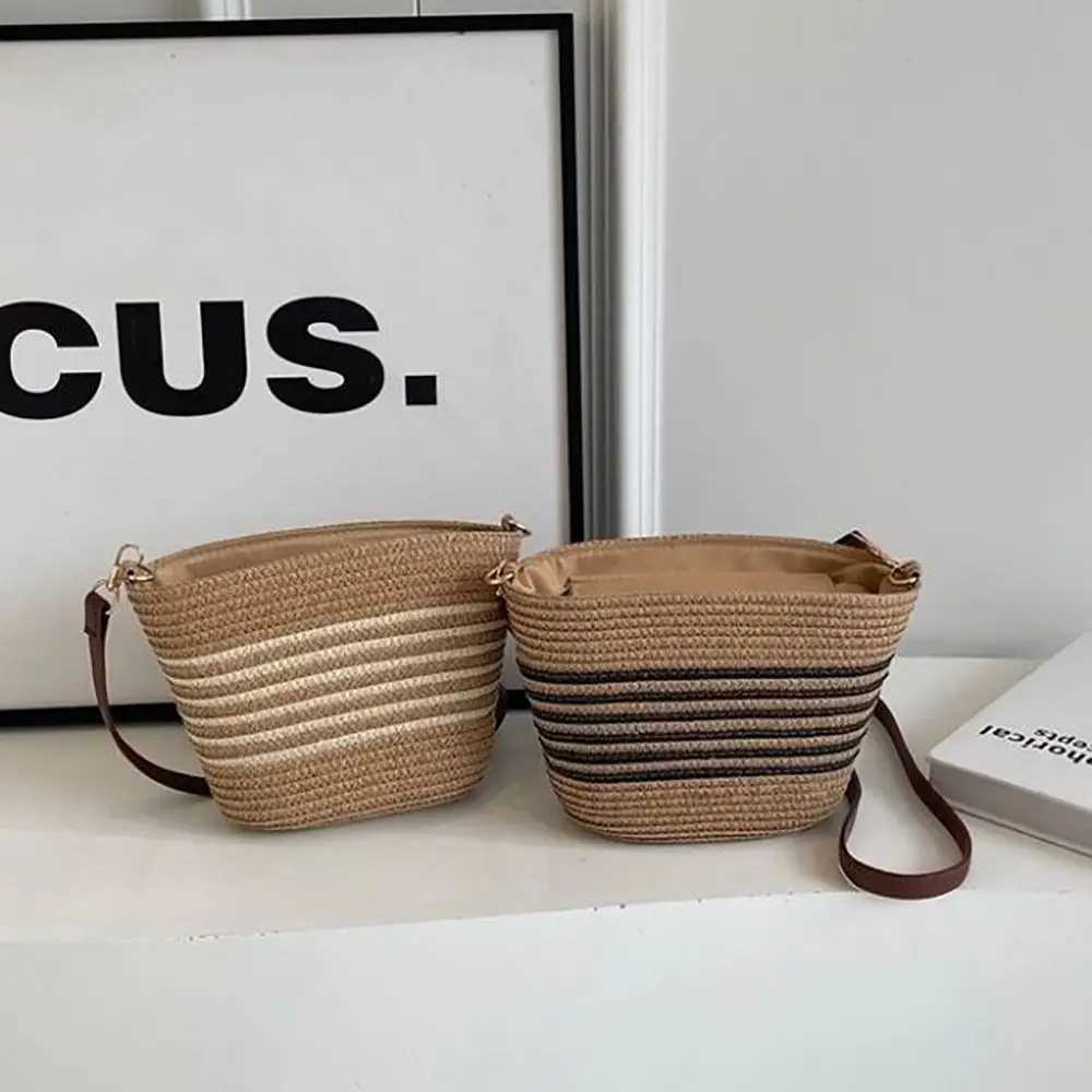Summer Straw Tote Bags Casual Vacation Beach Crossbody Bag Large Capacity Handmade Womens Bucket Bag XJ250604