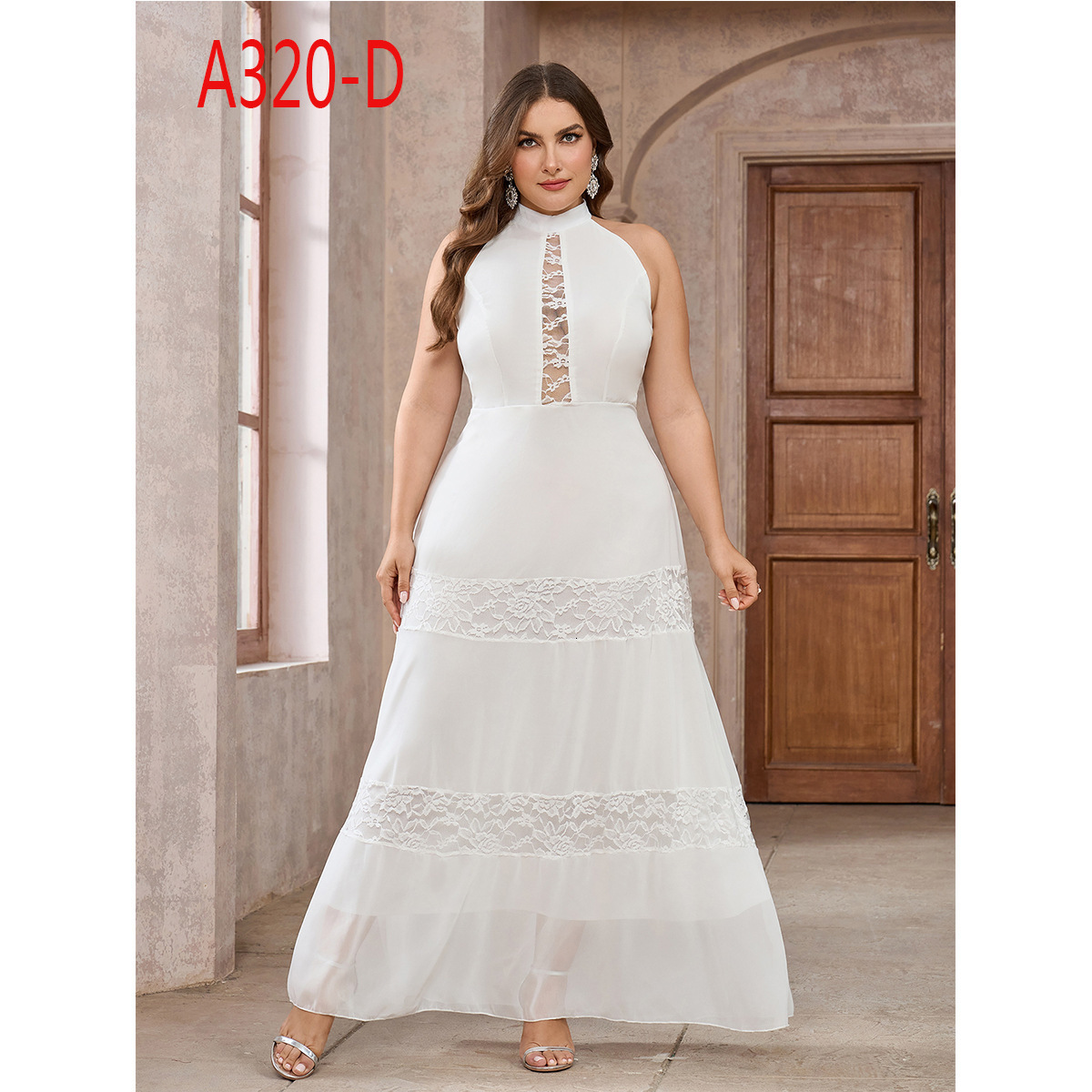 New plus size dress for womens sleeveless chiffon lace round neck solid color wedding banquet dress