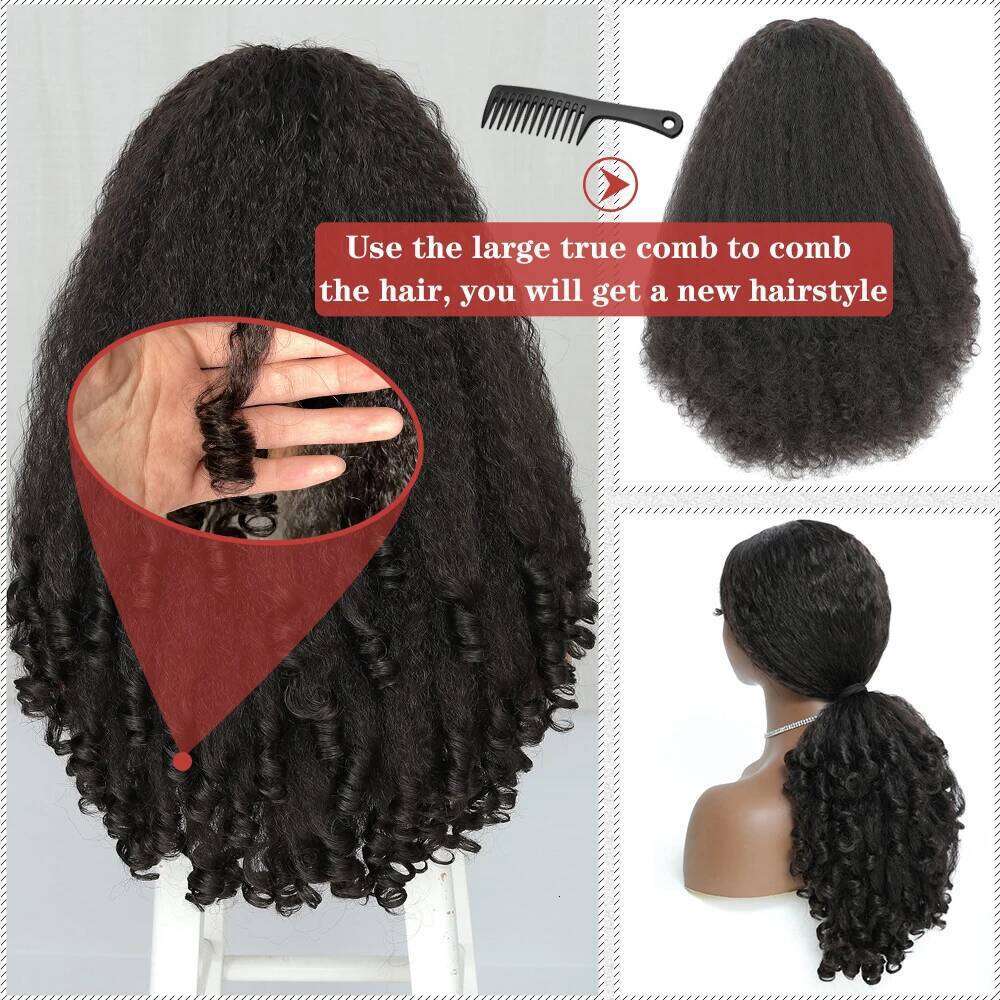 Wig Female Black Fluffy U-shaped Yaki Screw Roll Long Roll Hair Clip Hair Half Head Cover U Part Wig