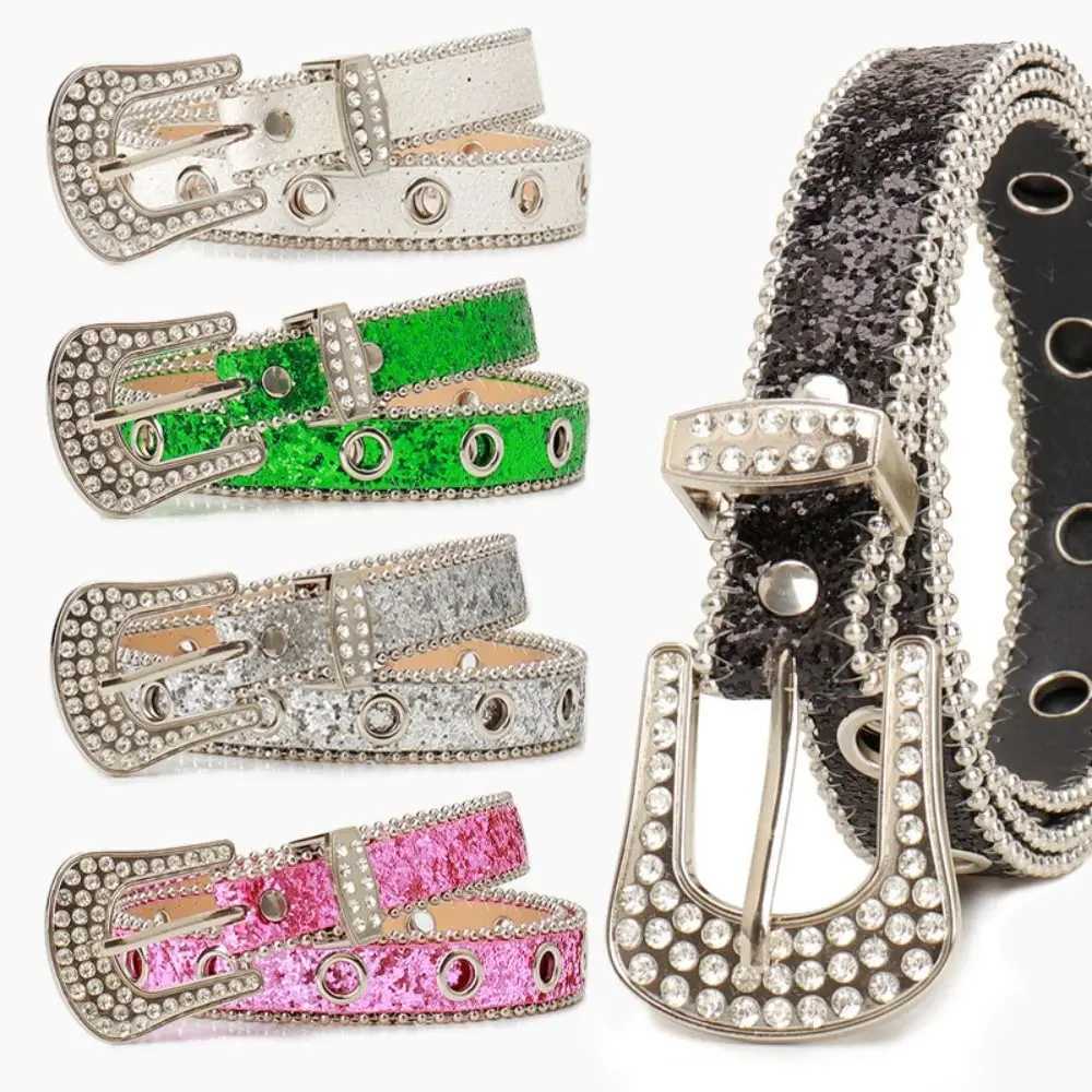 Street Style Sparkling Rhinestone Womens Belt Adjustable Length Glitter Waistband Imitation Leather Belt for y2k Girls W250604