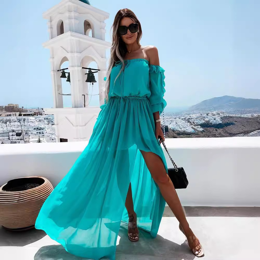 Summer Elegant Solid Ruffled Maxi Dress Women Chic Off Shoulder High Waist Beach Robe Vacation Lady Evening Party Vestidos 240715