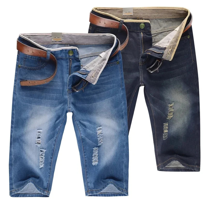Summer Mens Personalized Washable Perforated Denim Short Pants Male Casual Straight Short Jeans 250604