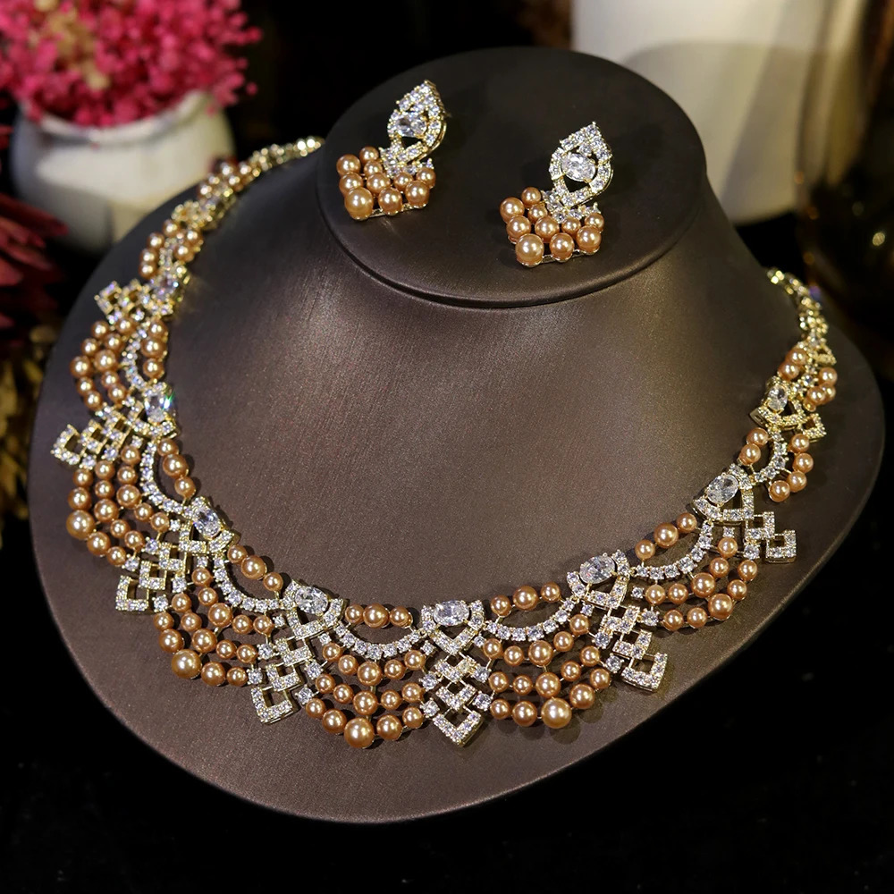 Crystal Zircon Circular Shape golden Pearl Necklace Women Dubai Bridal Wedding Birthday Party Indian Jewelry Set Gift 250530