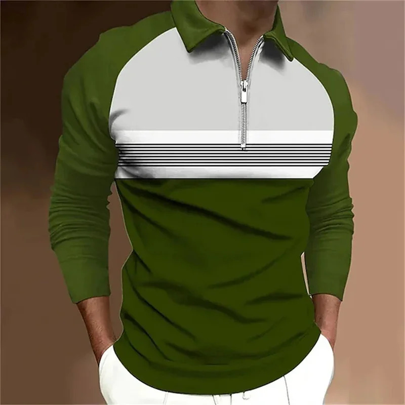Spring Autumn Men Long Sleeve Tops Polo Shirt Zipper Casual Fashion Stripe Golf 250604Z