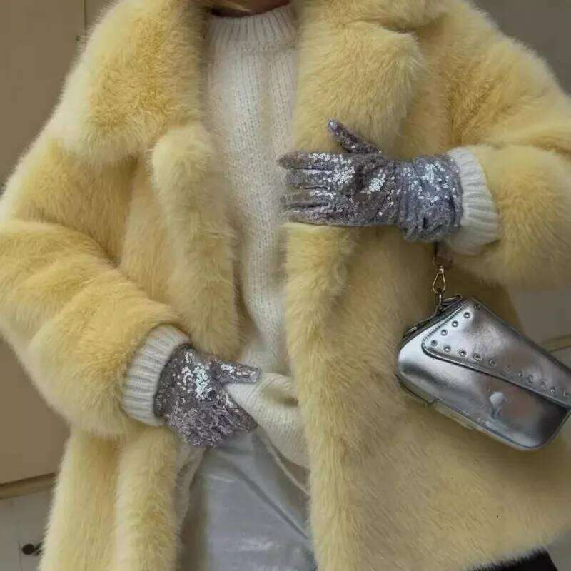 Women Winter Faux Mink Bomber Jacket Yellow Fox Fur Turn Down Collar Suit Coat Flocking Cardigan Plush Tops Fluffy Abrigos